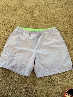 Fabletics Men's 2 in 1 Lavender Athletic Shorts with Neon Green Waistband